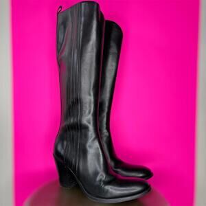 Sartore Black Leather Almond Toe Stacked Heel Pull-On Knee-High Boot Sz 37